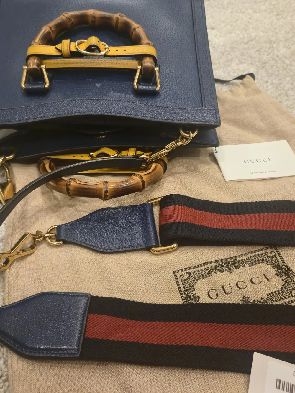 Gucci Navy Leather Bamboo Handle Tote with Yellow Accent